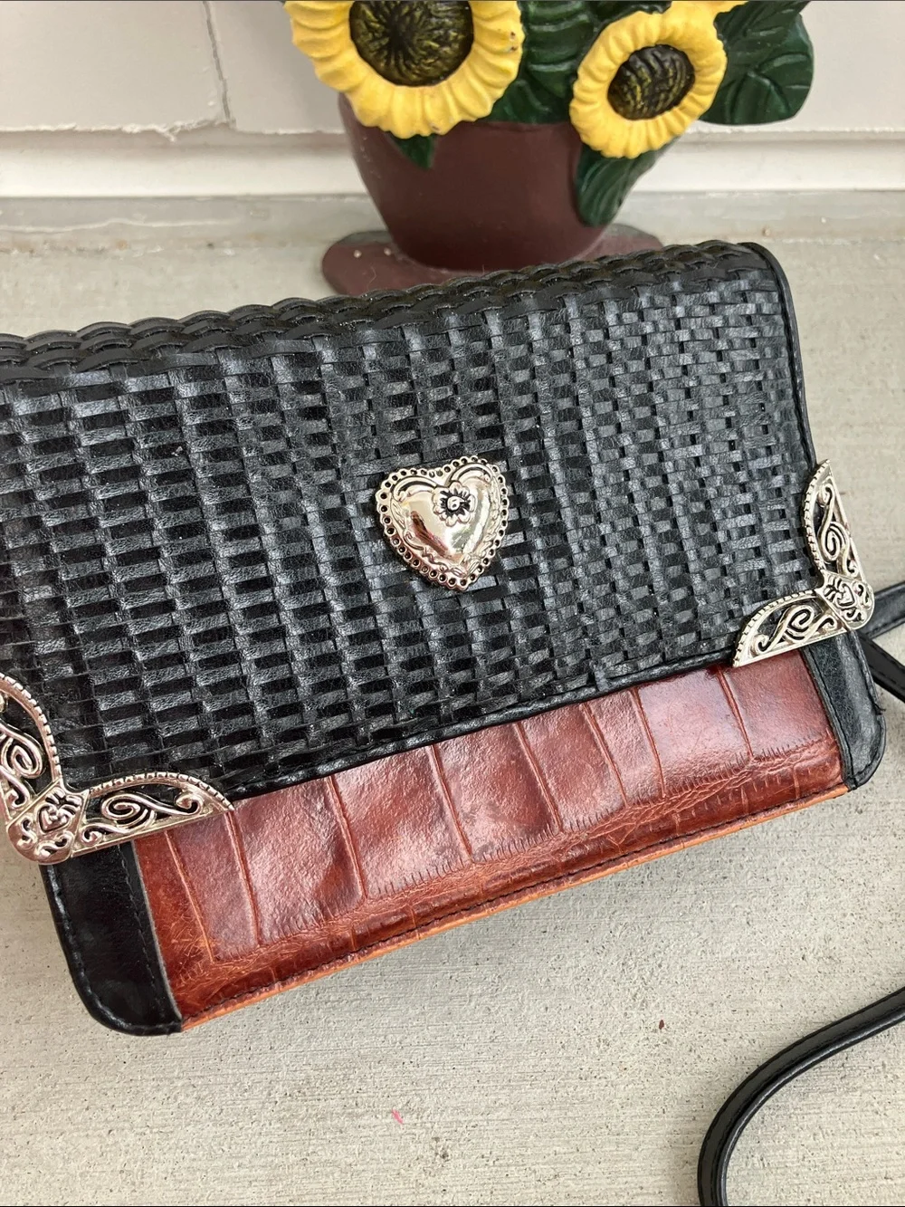 Vintage 90s Y2K Silver Black Basketweave Embossed Brown Faux Leather Purse AS IS